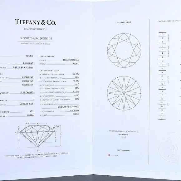 20375 Tiffany & Co. Platinum 1.01ct I VS1 Round Diamond Engagement Ring